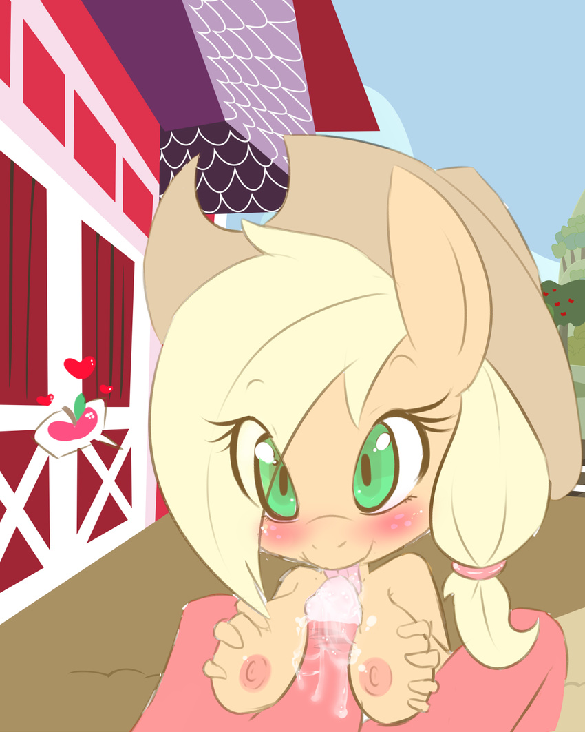 &lt;3 anthro anthrofied apple applejack_(mlp) barn big_macintosh_(mlp) blonde_hair blush breasts cowboy_hat cum dialog duo equine female freckles friendship_is_magic fruit fur green_eyes hair hair_ornament hat hearlesssoul hi_res horse incest licking looking_at_viewer male mammal my_little_pony nipples oral oral_sex orange_fur outside penis pony red_fur sex short_hair sibling straight text titfuck tongue tongue_out tree