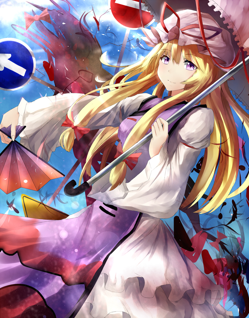 blonde_hair dress fan folding_fan hat highres hizagawa_rau holding long_hair looking_at_viewer purple_eyes sign smile solo tabard touhou umbrella yakumo_yukari