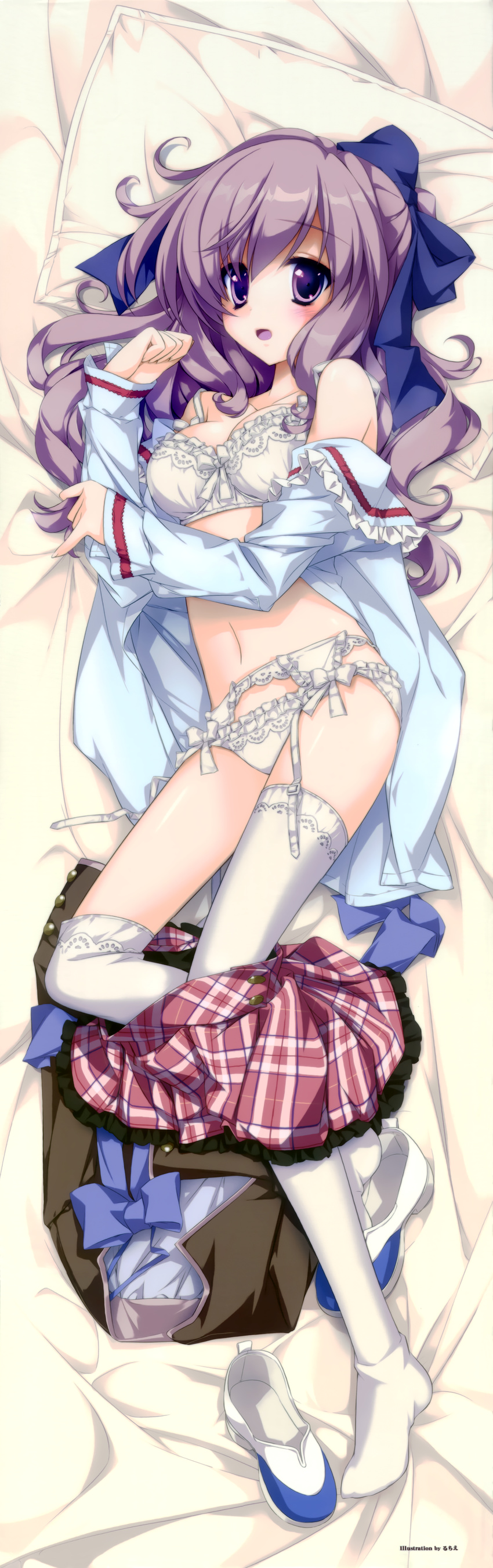 absurdres bed bed_sheet blush bra breasts copyright_request dakimakura frilled_panties frills from_above full_body garter_belt gotou_nao highres huge_filesize legs long_hair looking_at_viewer lying medium_breasts on_back on_bed on_stomach open_clothes open_shirt panties pillow plaid plaid_skirt purple_eyes purple_hair shirt shoe_dangle shoes shoes_removed skirt skirt_pull solo thighhighs underwear uwabaki white_bra white_legwear white_panties