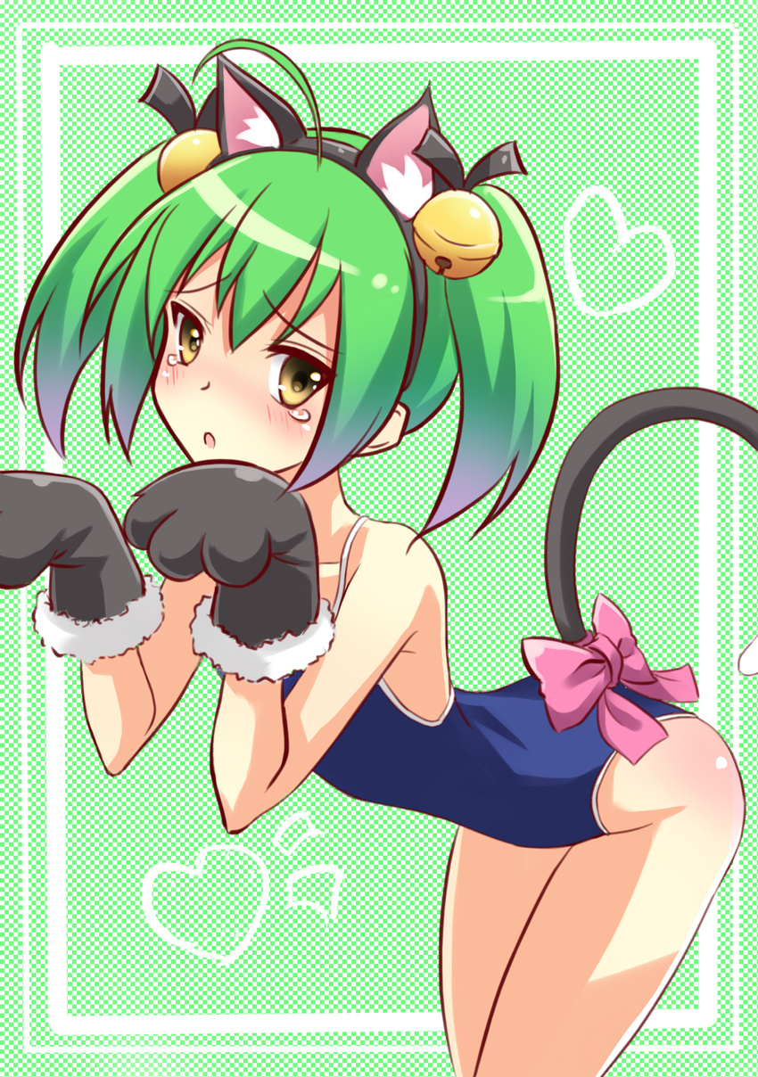 :o ahoge ame_no_uta animal_ears bell blush bow cat_ears cat_paws cat_tail collarbone gj-bu gloves green_hair hair_bell hair_ornament highres jingle_bell kannazuki_tamaki open_mouth paw_gloves paws short_hair solo swimsuit tail tears twintails yellow_eyes