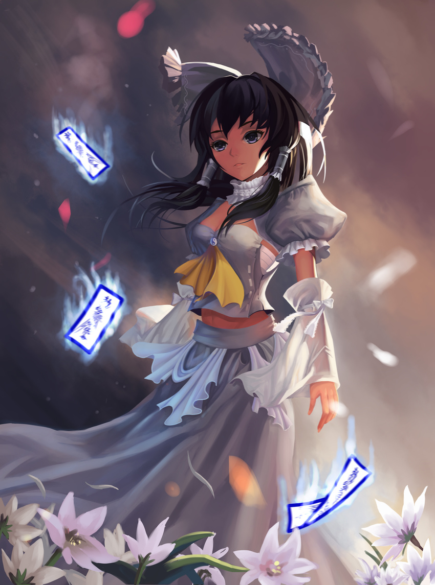 absurdres adapted_costume alternate_color ascot backlighting bow breasts choker derivative_work detached_sleeves dress flower hair_bow hair_tubes hakurei_reimu haoqiang_fan highres m.u.g.e.n ofuda parted_lips sarashi small_breasts solo standing touhou white_dress white_sleeves