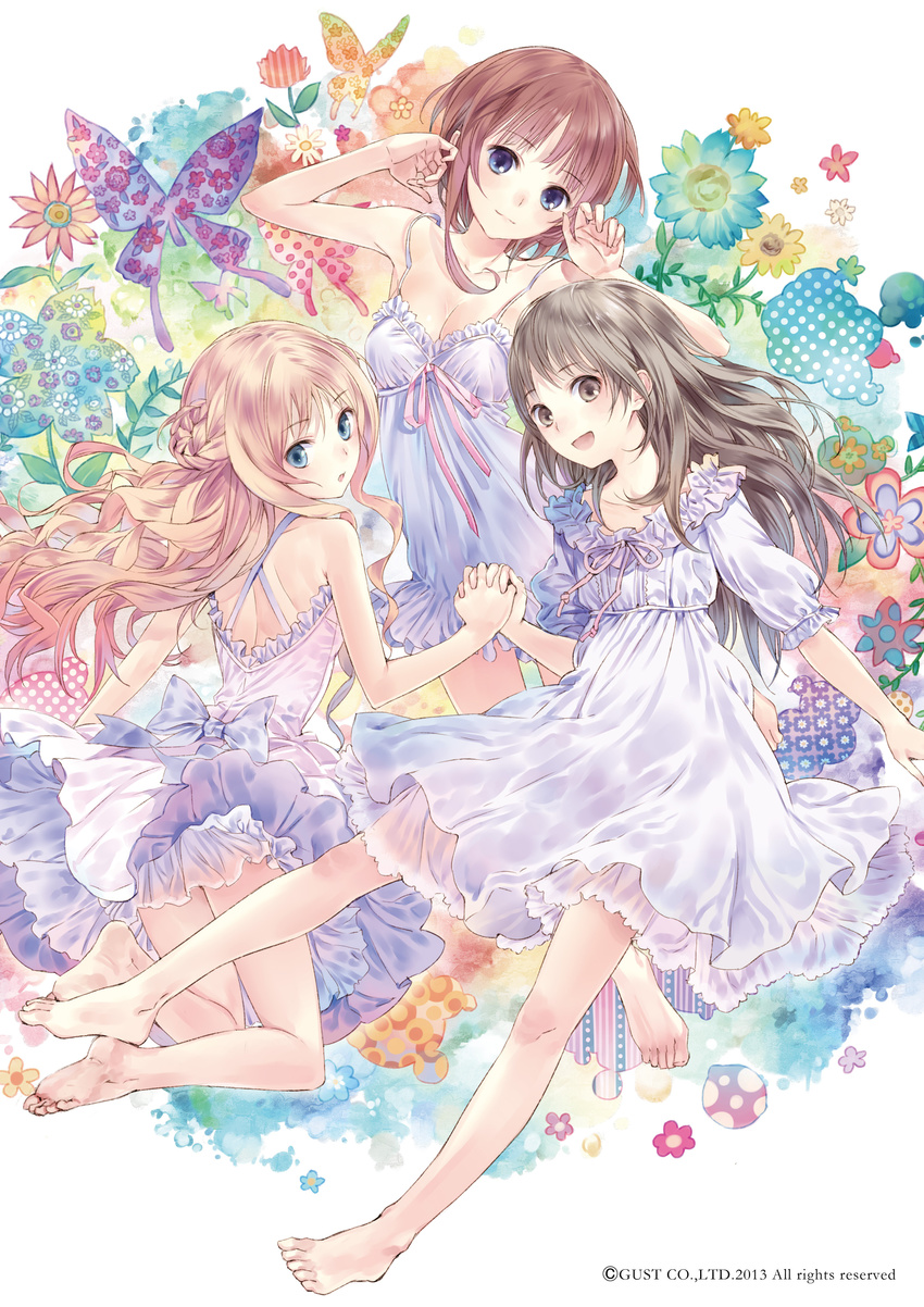 :d absurdres atelier_(series) atelier_meruru atelier_rorona atelier_totori bare_legs barefoot blonde_hair blue_eyes braid breasts brown_eyes brown_hair bug butterfly chemise cleavage colorful dress floral_background flower half_updo happy highres holding_hands insect kishida_mel long_hair medium_breasts merurulince_rede_arls multiple_girls official_art open_mouth rororina_fryxell short_hair skirt small_breasts smile totooria_helmold white_dress
