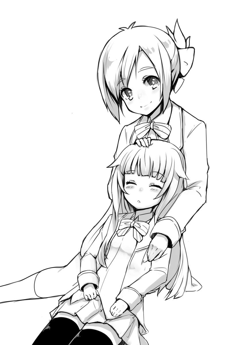 :o amatsuka_mao amatsuka_megumi_(gj-bu) antenna_hair black_legwear blazer blush bow cardigan folded_ponytail gj-bu greyscale hair_bow hair_flaps hand_on_head highres jacket kneehighs long_hair long_sleeves looking_at_viewer monochrome multiple_girls nuko-d parted_lips school_uniform short_hair siblings sisters sleeping sleeping_on_person smile thighhighs