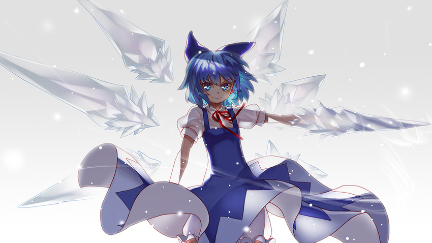 blue_eyes blue_hair bobomaster bow cirno crystal_sword dress hair_bow hair_ornament ice ice_wings looking_at_viewer outstretched_arm short_dress short_hair short_sleeves smile solo sword touhou weapon wings