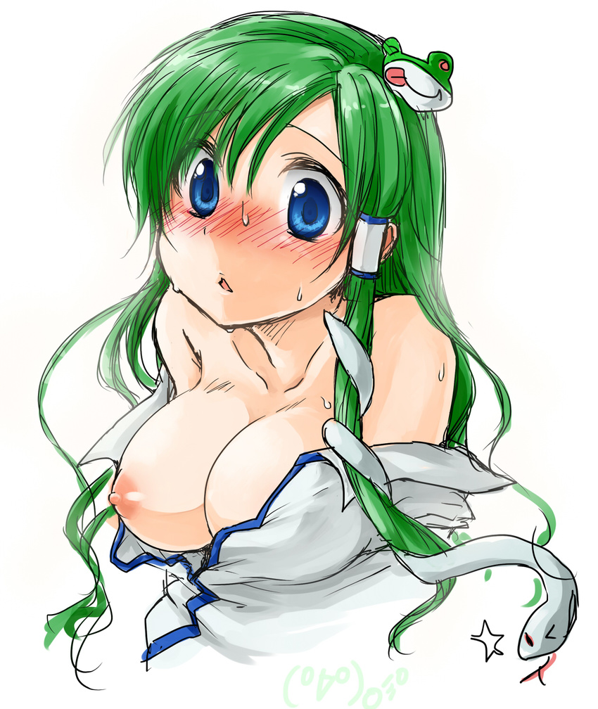 bare_shoulders blue_eyes blush breasts frog_hair_ornament green_hair hair_ornament hair_tubes highres kochiya_sanae large_breasts long_hair monrooru nipples off_shoulder sketch snake_hair_ornament solo sweat touhou upper_body