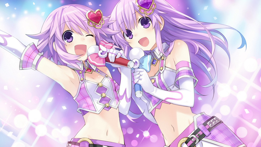 2girls choujigen_game_neptune compile_heart idea_factory kami_jigen_game_neptune_v microphone multiple_girls nepgear neptune neptune_(choujigen_game_neptune) neptune_(series) open_mouth purple_eyes purple_hair siblings sisters