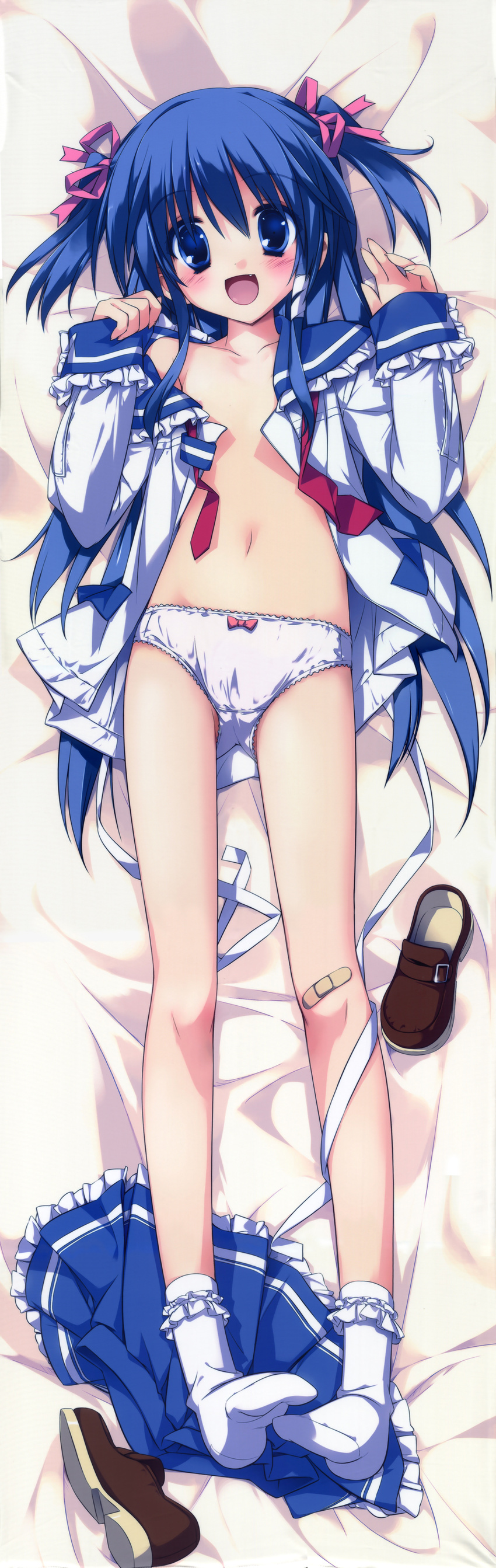 :d absurdres bandaid bandaid_on_knee bed bed_sheet blue_eyes blue_hair blush bobby_socks copyright_request dakimakura fang flat_chest from_above full_body gotou_nao hair_ribbon highres legs loafers looking_at_viewer lying on_back on_bed on_stomach open_clothes open_mouth open_shirt panties ribbon school_uniform shirt shoes shoes_removed skirt skirt_removed slim_legs smile socks solo two_side_up underwear white_legwear white_panties