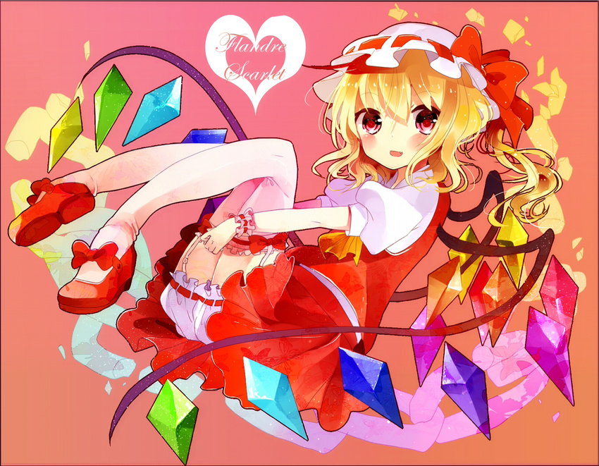 ascot bad_id bad_pixiv_id blonde_hair bloomers blush bow broken broken_chain chain fang flandre_scarlet garter_straps hat hat_bow heart looking_at_viewer mob_cap open_mouth pink_eyes puffy_sleeves remimim shirt short_sleeves side_ponytail skirt skirt_set smile solo thighhighs touhou underwear upskirt vest white_legwear wings wrist_cuffs