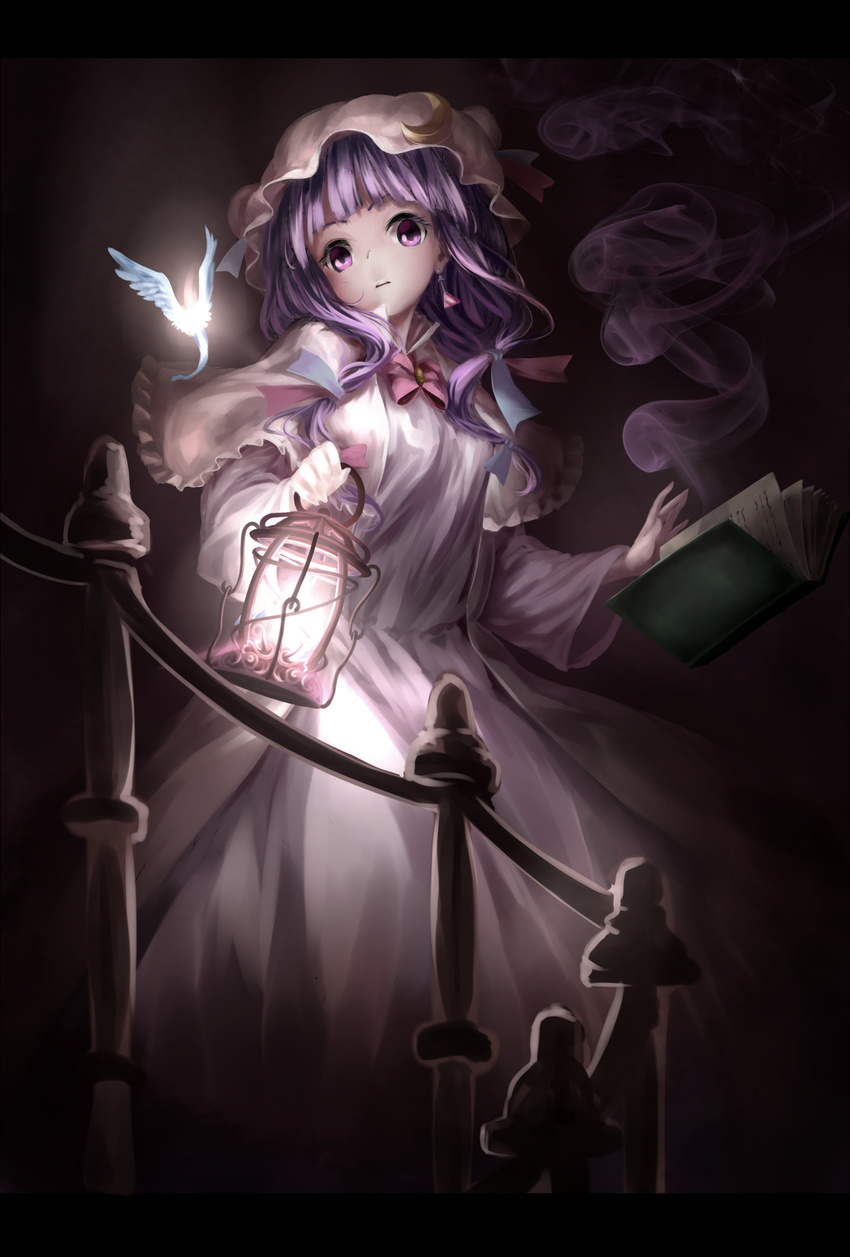book capelet coat creature crescent dark darkness dress earrings floating_book hair_ribbon hat highres holding jewelry kachayori lamp lantern letterboxed long_hair looking_at_viewer open_book open_clothes open_coat open_mouth patchouli_knowledge purple_dress purple_eyes purple_hair ribbon smoke solo touhou tress_ribbon very_long_hair