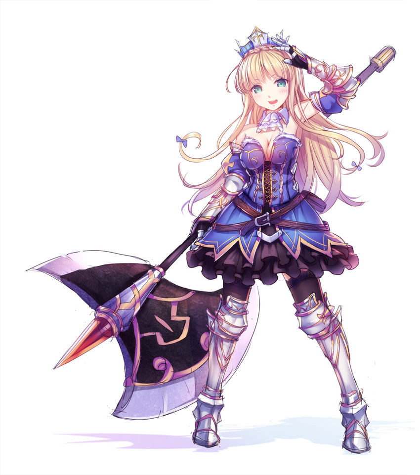 arm_up armor axe belt black_legwear blonde_hair blush breasts cleavage detached_collar detached_sleeves gauntlets greaves hair_ribbon highres large_breasts long_hair looking_at_viewer original pen_(steelleets) ribbon simple_background sketch smile solo thighhighs tiara weapon white_background