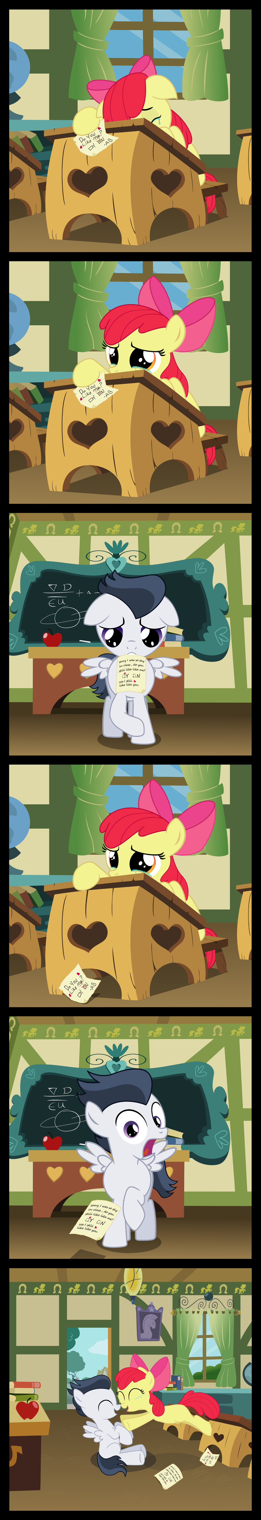 apple apple_bloom_(mlp) book bow comic crying cub duo english_text equine female feral friendship_is_magic fruit grey_hair hair horse inside male mammal matty4z my_little_pony orange_eyes pegasus pony purple_eyes red_hair rumble_(mlp) text wings young