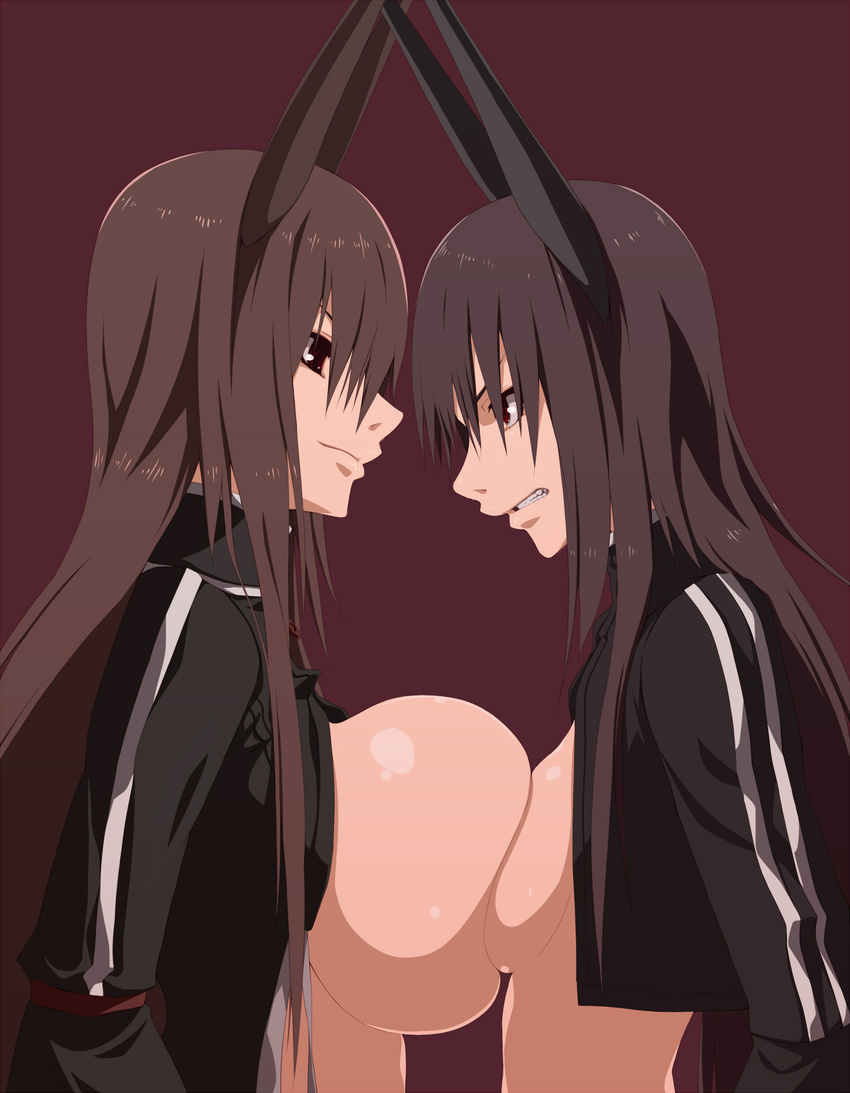 asymmetrical_docking black_gold_saw black_rock_shooter breast_envy breast_press breasts brown_background brown_eyes brown_hair dual_persona highres horns huge_breasts jacket long_hair mnjs multiple_girls open_clothes open_jacket