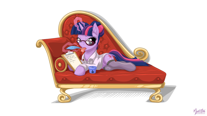 clipboard clothing cutie_mark equine eyewear female feral friendship_is_magic glasses glowing horn horse ink inkwell legwear levitation licking looking_at_viewer lying magic mammal my_little_pony mysticalpha plain_background pony purple_eyes quill sofa solo stockings tongue tongue_out twilight_sparkle_(mlp) unicorn white_background