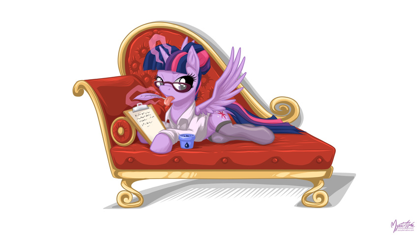 clipboard clothing cutie_mark equine eyewear female feral friendship_is_magic glasses glowing horn horse ink inkwell legwear levitation licking looking_at_viewer lying magic mammal my_little_pony mysticalpha plain_background pony purple_eyes quill sofa solo stockings tongue tongue_out twilight_sparkle_(mlp) unicorn white_background winged_unicorn wings