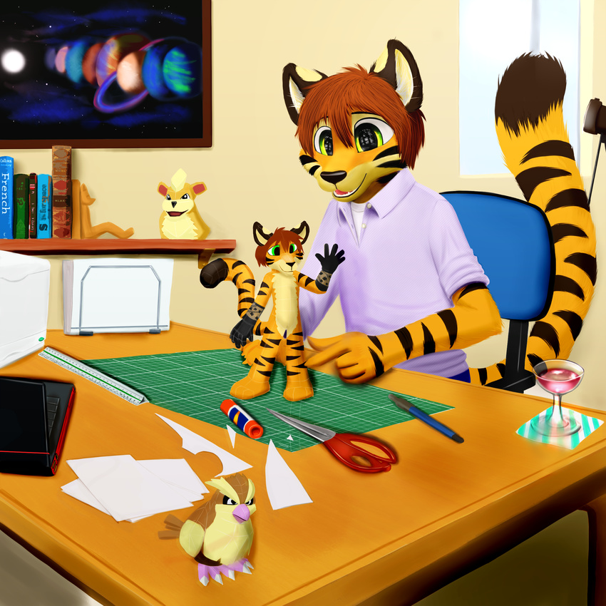 absurd_res anthro clothing cute feline fur hi_res invalid_tag jamesfoxbr male mammal miniature nintendo open_mouth paint paper papercraft pok&#233;mon sculpture smile solo stripes teeth tiger video_games
