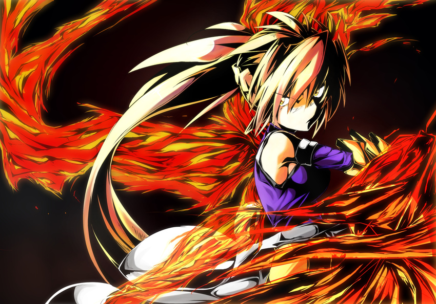 bare_shoulders blonde_hair breasts bygddd5 fiery_wings fire flame gauntlets highres long_hair lyrical_nanoha mahou_shoujo_lyrical_nanoha_strikers ponytail signum small_breasts solo unison yellow_eyes