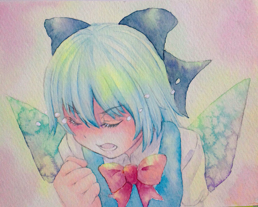 angry blue_eyes blue_hair bow cirno closed_eyes crying hair_bow ice ice_wings open_mouth short_hair solo tears touhou traditional_media watercolor_(medium) wings yuyu_(00365676)