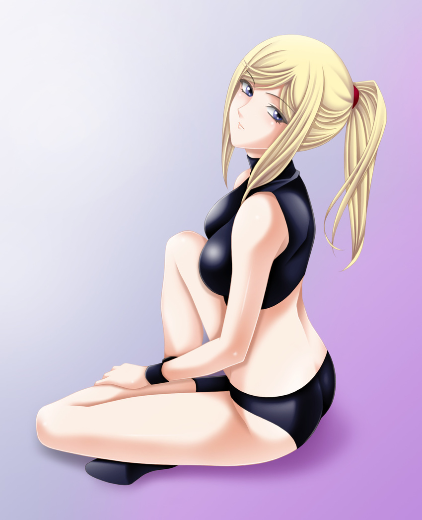 ass back blonde_hair boots breasts crop_top highres indian_style long_hair medium_breasts metroid ponytail purple_eyes samus_aran sitting solo tamamon wristband