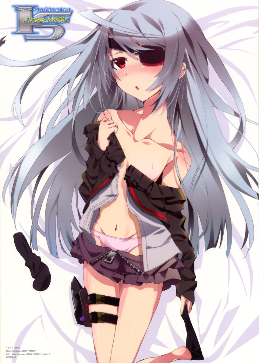 :o absurdres black_legwear blush collarbone eyepatch flat_chest full-face_blush grey_hair highres holster huge_filesize infinite_stratos laura_bodewig legwear_removed navel official_art okiura panties pink_panties red_eyes scan sock_pull socks socks_removed solo thigh_holster underwear undressing unzipped zipper