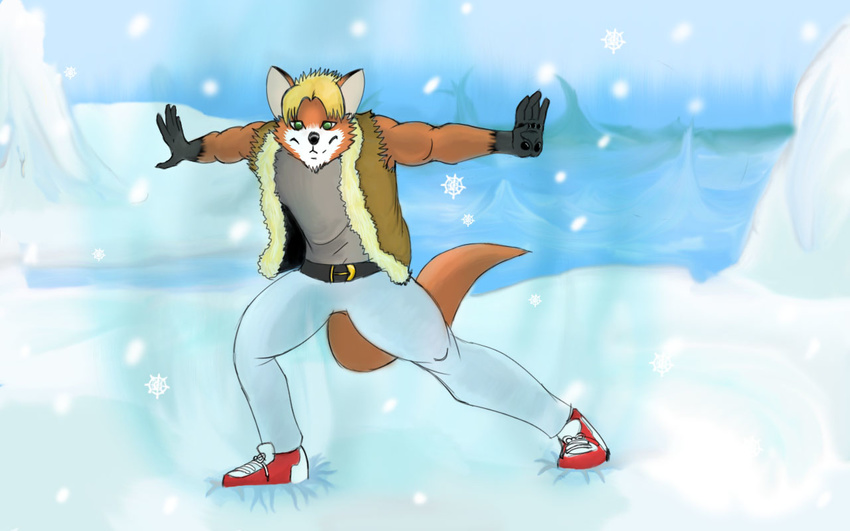 belt canine clothing cute fox green_eyes ice invalid_color looking_at_viewer male mammal outside pose power snow snowing solo vest