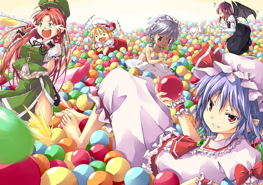 &lt;o&gt;_&lt;o&gt; 6+girls :d apron arms_up ascot ball_pit bare_shoulders barefoot bat_wings beret blonde_hair blue_dress blue_hair bow bra braid breast_padding breasts brooch chibi china_dress chinese_clothes crescent demon_wings dress dress_pull dress_shirt fang feet flandre_scarlet floating flying_sweatdrops flying_teardrops green_eyes grin hair_bow hat hat_bow hat_removed hat_ribbon head_wings headwear_removed hong_meiling izayoi_sakuya jewelry juliet_sleeves karasu_raku koakuma long_hair long_sleeves looking_at_viewer lying maid maid_headdress medium_breasts mob_cap multiple_girls necktie no_wings off_shoulder open_mouth patchouli_knowledge puffy_sleeves red_eyes red_hair remilia_scarlet ribbon shaded_face shirt short_hair short_sleeves siblings side_slit silver_hair sisters sitting skirt skirt_set smile star stuck sweat tears throwing touhou twin_braids underwear v-shaped_eyebrows very_long_hair vest waist_apron white_bra white_shirt wings wrist_cuffs