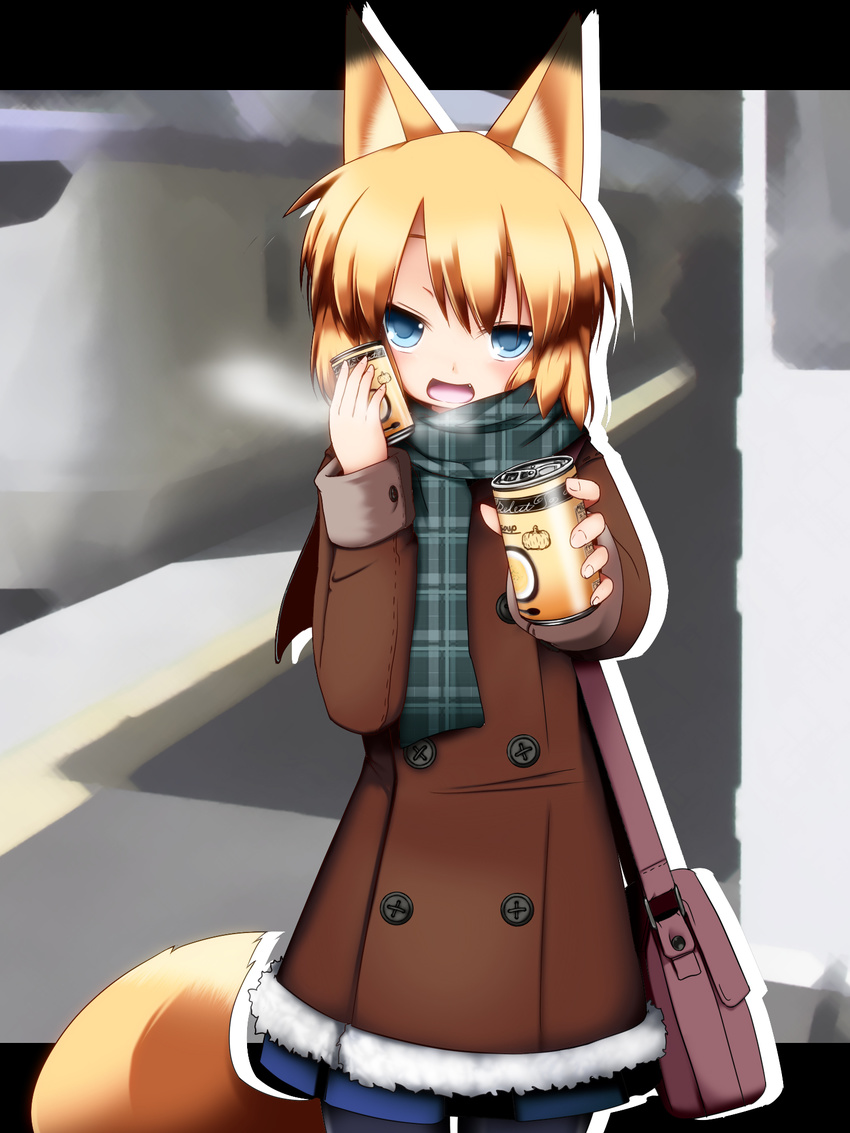 animal_ears bag black_legwear blonde_hair blue_eyes breath buttons can coat fang flat_chest fox_ears fox_tail highres inada_(masu_shu) looking_at_viewer masu_shu original outstretched_hand pantyhose plaid plaid_scarf satchel scarf skirt smile soda_can solo tail winter_clothes