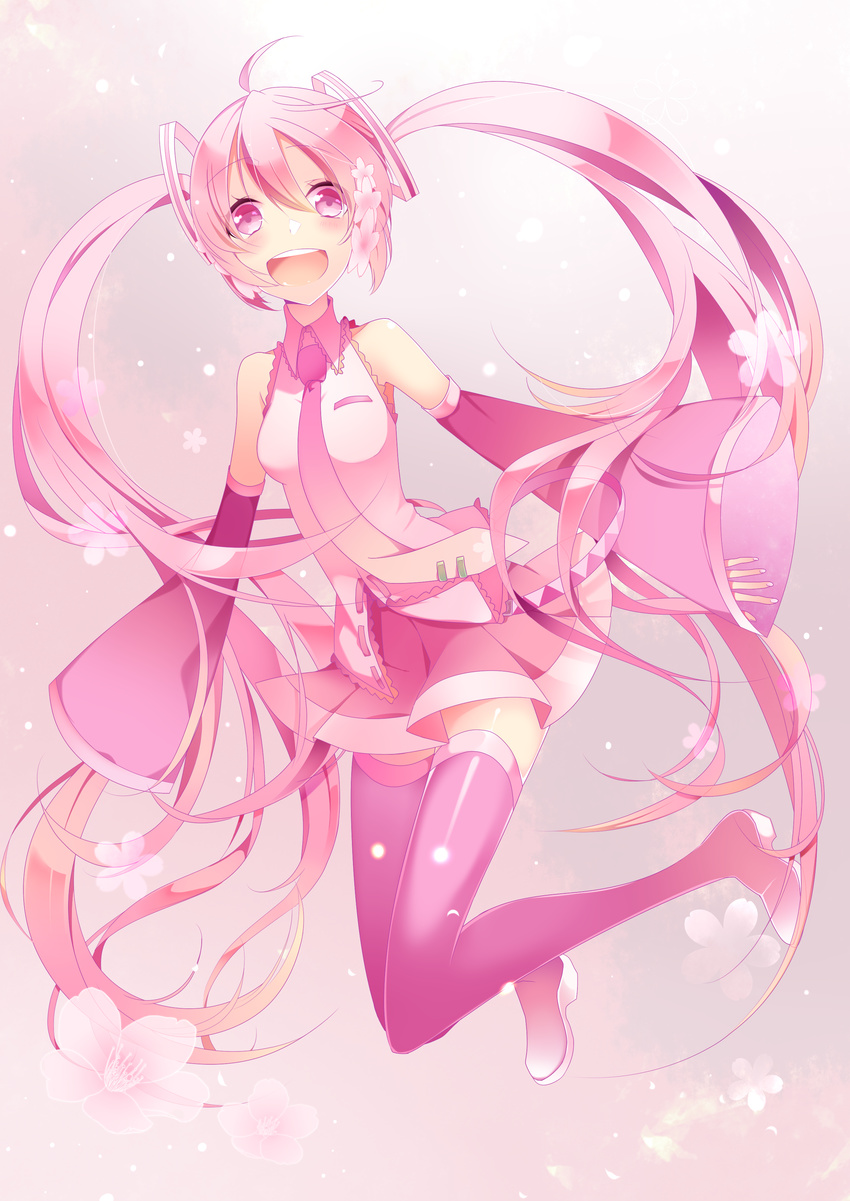 absurdres ahoge bad_id bad_pixiv_id boots cherry_blossoms detached_sleeves flower hair_flower hair_ornament hatsune_miku highres long_hair necktie open_mouth petals pink_eyes pink_footwear pink_hair sakura_miku skirt solo temari_(deae) thigh_boots thighhighs twintails very_long_hair vocaloid