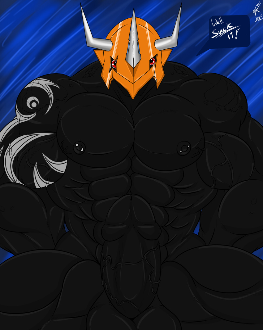 abs anthro balls biceps big big_muscles big_penis black_penis black_skin blue_background digimon emperorgreymon erection hard helmet horn huge_muscles looking_at_viewer male mask muscles najair nipple_piercing nipples nude pecs penis piercing plain_background pose presenting red_eyes saixyuniz-xynz scales scalie sex sheath sitting solo sucking tattoo thick_penis vein