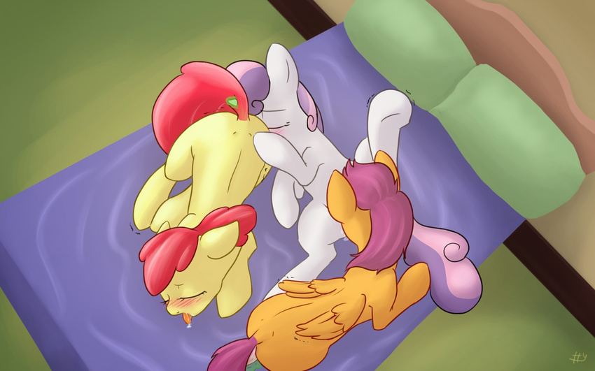 apple_bloom_(mlp) bed blush cub cunnilingus cutie_mark_crusaders_(mlp) drooling equine eyes_closed female feral friendship_is_magic group group_sex hair horn horse lesbian lying mammal my_little_pony nude on_back open_mouth oral oral_sex pegasus pillow pony purple_eyes purple_hair red_hair saliva scootaloo_(mlp) sex sharpy signature spread_legs spreading sweetie_belle_(mlp) threesome tongue tongue_out two_tone_hair unicorn vaginal wings young