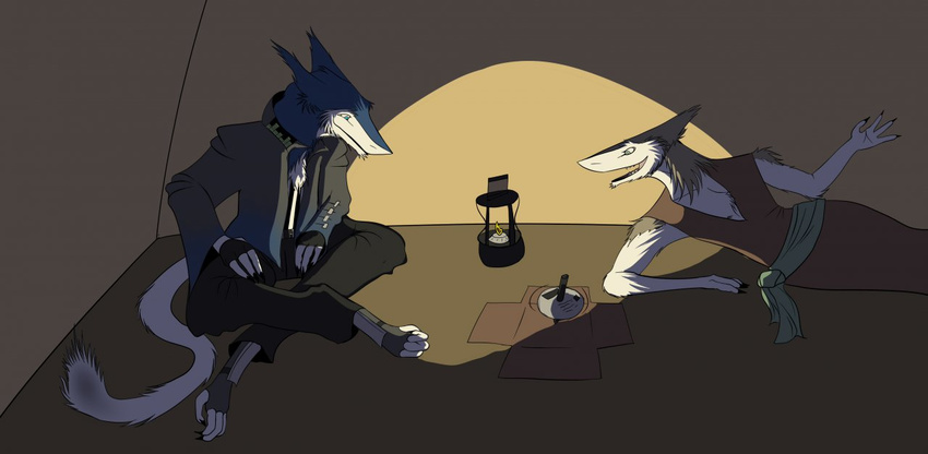 blonde_hair blue_eyes candle cardboard cel_shading clothed clothing conversing duo gloves hair inside invalid_color invalid_tag jacket lamp male nehmen northern_sergal pants peaceful robe sergal shirt southern_sergal tent top_(toy)