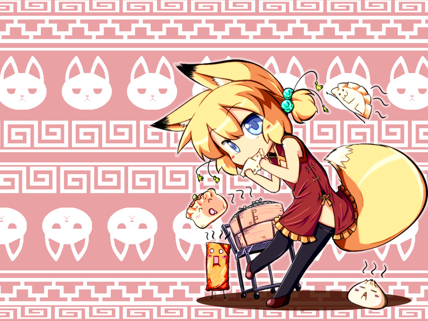 animal_ears black_legwear blonde_hair blue_eyes chibi china_dress chinese_clothes dress dumpling eating food fox_ears fox_tail hair_bobbles hair_ornament highres inada_(masu_shu) jiaozi masu_shu original short_hair short_twintails side_slit solo tail thighhighs twintails