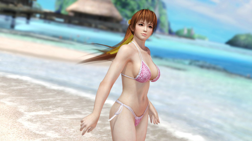 1girl 3d beach bikini breasts brown_eyes brown_hair dead_or_alive dead_or_alive_5 highres kasumi kasumi_(doa) large_breasts midriff ocean ponytail solo swimsuit tecmo wallpaper