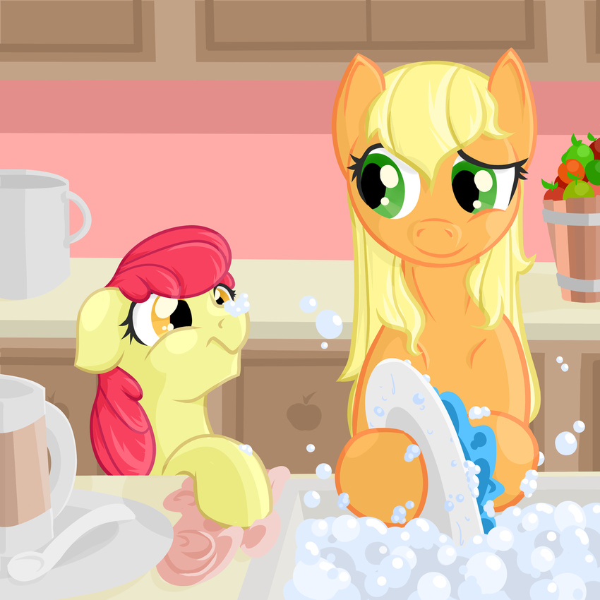 amber_eyes apple apple_bloom_(mlp) applejack_(mlp) blonde_hair bubble bubbles bucket cub cup dishes duo equine female feral friendship_is_magic fruit geomancing green_eyes hair horse mammal my_little_pony plate pony red_eyes sink soap standing washing young