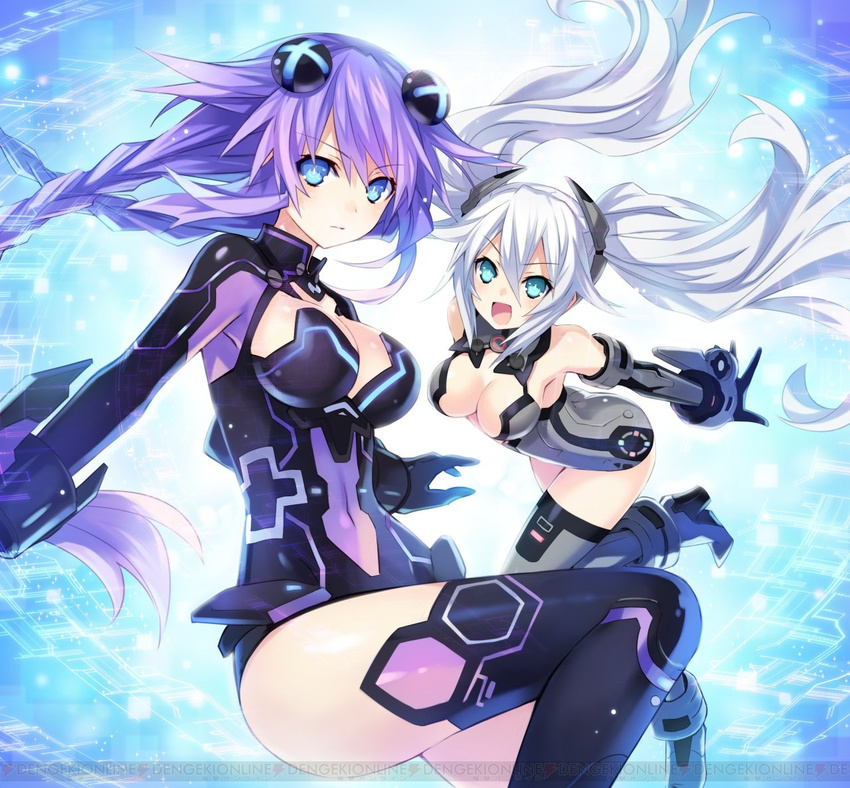 :d aqua_eyes armpits bangs bare_shoulders black_heart black_legwear blue_eyes blush boots braid breasts cleavage cleavage_cutout covered_navel dengeki elbow_gloves emblem expressionless floating_hair from_side gloves glowing gradient gradient_background grey_legwear hair_between_eyes hair_ornament halterneck high_heels hips kami_jigen_game_neptune_v large_breasts leaning_forward leg_lift leotard light_particles logo long_hair looking_at_viewer magical_girl multiple_girls neptune_(series) official_art open_mouth outstretched_arms power_symbol purple_hair purple_heart sideboob smile spread_arms symbol-shaped_pupils thigh_boots thighhighs tsunako twin_braids twintails vambraces very_long_hair watermark white_hair