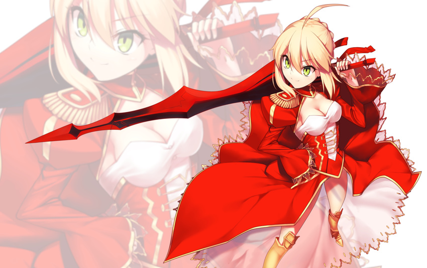 aestus_estus ahoge blonde_hair breasts cleavage dress epaulettes fate/extra fate_(series) green_eyes hair_ribbon kaiza_(rider000) medium_breasts nero_claudius_(fate) nero_claudius_(fate)_(all) ribbon solo sword weapon zoom_layer