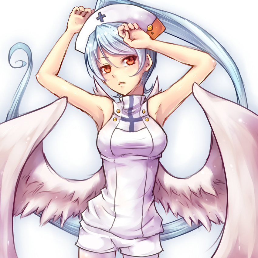 angel_wings armpits arms_up blue_hair blush breasts cardfight!!_vanguard core_memory_armaros highres long_hair looking_at_viewer medium_breasts shintani_tsushiya solo wings