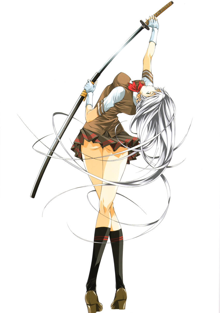 1girl absurdres ass chouun_shiryuu gloves highres ikkitousen katana long_hair miniskirt school_uniform short_skirt skirt socks solo standing sword upskirt weapon white_hair