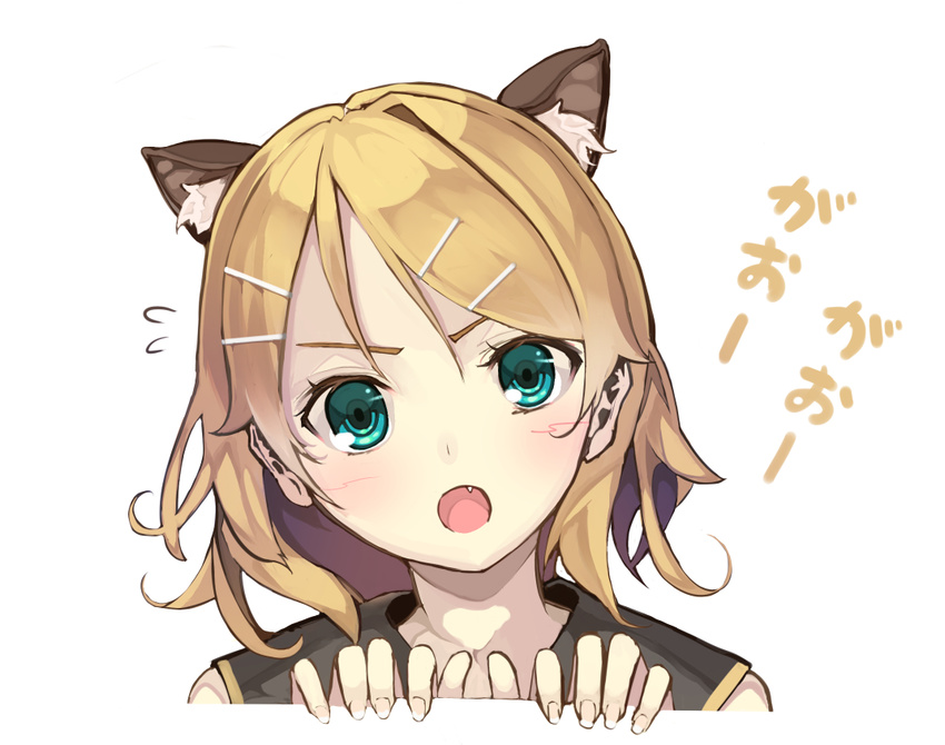 :o animal_ears aqua_eyes bad_id bad_pixiv_id blonde_hair blush cat_ears close-up extra_ears face fang flying_sweatdrops furukawa_itsuse hair_ornament hairclip kagamine_rin looking_at_viewer open_mouth sailor_collar short_hair simple_background solo translated vocaloid white_background