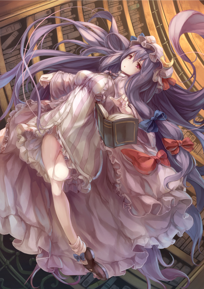 bare_legs book bookshelf bow breasts chestnut_mouth crescent fal_maro floating flying hair_bow hat highres library long_hair medium_breasts open_book patchouli_knowledge purple_eyes purple_hair sidelocks socks solo striped touhou vertical_stripes very_long_hair voile white_legwear