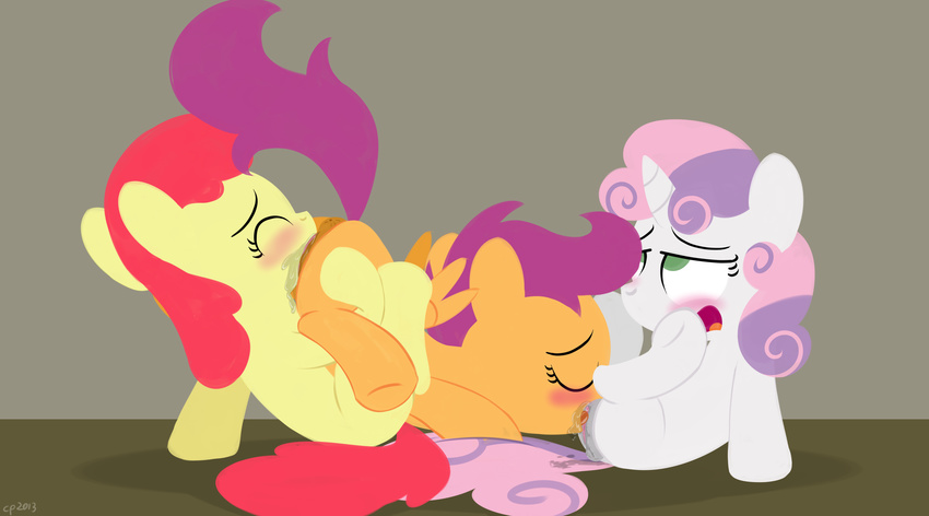 absurd_res anus apple_bloom_(mlp) blush cub cunnilingus cutie_mark_crusaders_(mlp) dtcx97 equine female feral friendship_is_magic green_eyes group group_sex hair hi_res horn horse lesbian mammal my_little_pony oral oral_sex pegasus pony purple_hair pussy pussy_juice scootaloo_(mlp) sex sweetie_belle_(mlp) threesome two_tone_hair unicorn vaginal wings young