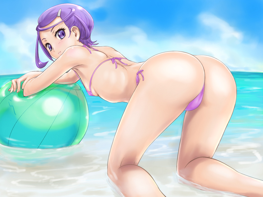 ass ball beachball bikini breasts dokidoki!_precure hair_ornament hairclip highres kenzaki_makoto looking_back precure purple_eyes purple_hair rasukaru short_hair side-tie_bikini small_breasts solo swimsuit thong_bikini