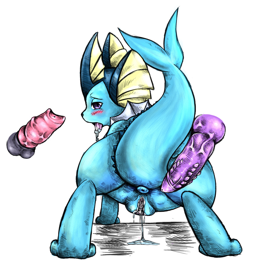 blue_body butt disembodied_penis eeveelution female looking_back male nintendo penis plain_background pok&#233;mon pok&eacute;mon presenting presenting_hindquarters purple_eyes pussy pussy_juice straight tranquilmyst vaporeon video_games white_background