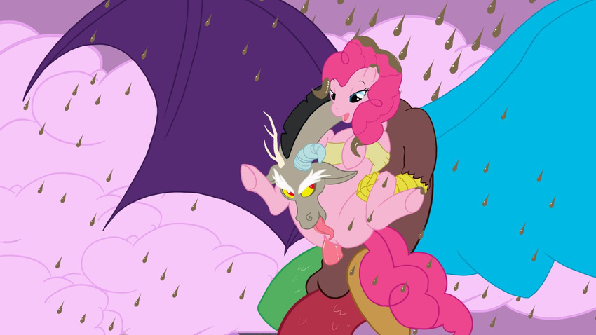antler antlers balls blue_eyes cloud discord_(mlp) draconequus duo equine female feral friendship_is_magic fur hair horn horse male mammal my_little_pony penetration penis pink_fur pink_hair pinkie_pie_(mlp) pony rain red_eyes sajik sex spread_legs spreading straight tongue tongue_out vaginal vaginal_penetration wings