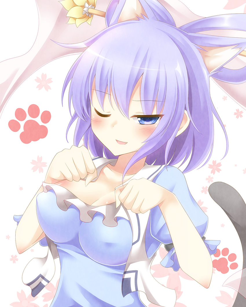 aibumi animal_ears bad_id bad_pixiv_id blue_eyes blush breasts cat_ears cat_tail cleavage collarbone covered_nipples hair_ornament hair_rings hair_stick highres kaku_seiga kemonomimi_mode large_breasts looking_at_viewer one_eye_closed open_clothes open_vest paw_pose paw_print puffy_sleeves purple_hair shawl shirt short_sleeves smile solo tail touhou vest