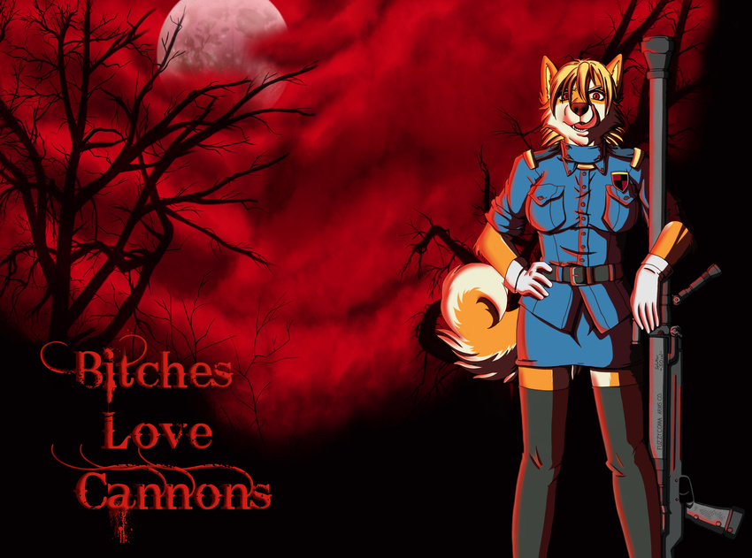 antitank_rifle blonde_hair canine cannons clothing english_text fanart female fox fuzzycoma gloves hair hellsing invalid_background invalid_color invalid_tag legwear looking_at_viewer mammal moon red_eyes seras seras_victoria stockings text thigh_highs tongue tree victoria