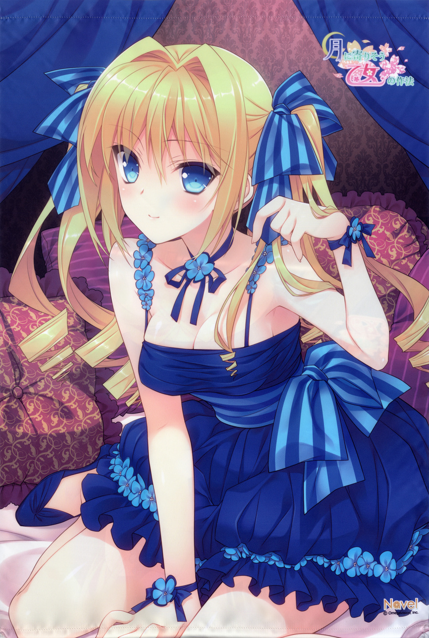 absurdres blonde_hair blue_dress blue_eyes blush breasts cleavage dress flower highres huge_filesize long_hair looking_at_viewer medium_breasts official_art scan smile solo suzuhira_hiro tsuki_ni_yorisou_otome_no_sahou twintails ursule_fleur_jeanmaire