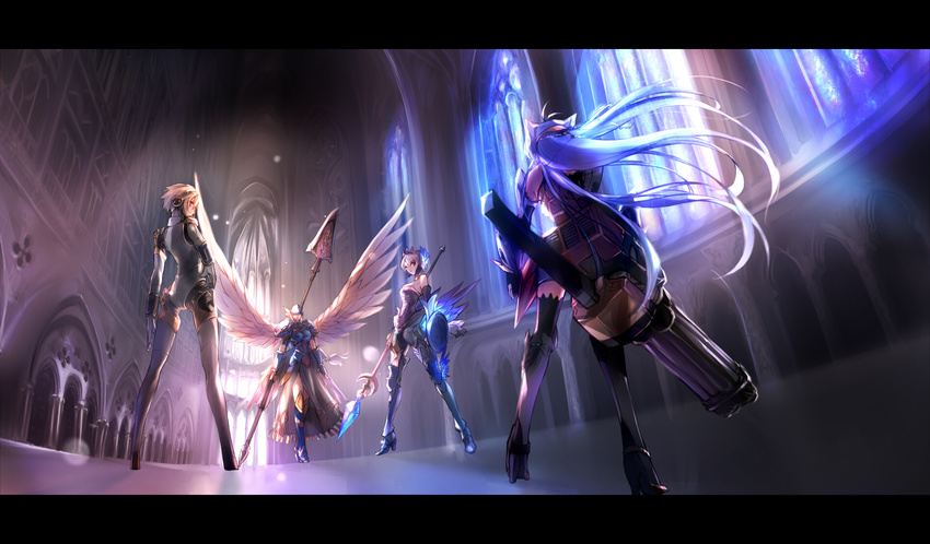 aegis_(persona) android armor armored_dress backlighting blonde_hair blue_eyes blue_hair church crossover fisheye from_below gatling_gun greaves gun gwendolyn headphones headpiece highres kos-mos kos-mos_ver._4 lenneth_valkyrie letterboxed long_hair multiple_girls negresco odin_sphere persona persona_3 polearm robot_joints shield short_hair spear thighhighs tiara valkyrie_profile weapon wings xenosaga