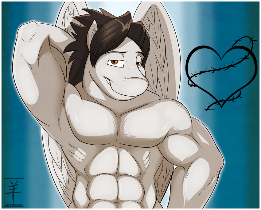 abs anthro arms_behind_head biceps black_hair brown_eyes brown_hair equine flexing forte friendship_is_magic fur grin hair horse looking_at_viewer male mammal muscles my_little_pony navel nude pecs pegasus pose smile solo standing teeth toned topless white_fur wings