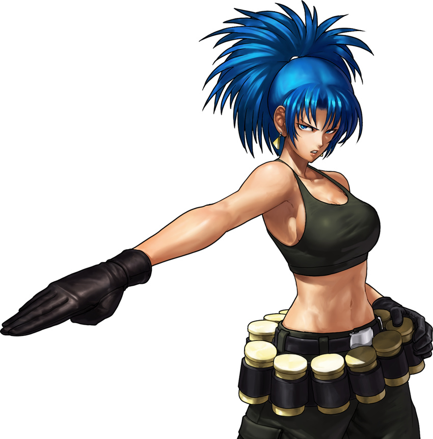 bandolier belt black_gloves blue_eyes blue_hair breasts cargo_pants cleavage crop_top earrings explosive gloves grenade highres jewelry large_breasts leona_heidern long_hair midriff navel official_art ogura_eisuke pants ponytail shirt sideboob solo tank_top taut_clothes taut_shirt the_king_of_fighters the_king_of_fighters_xiii toned transparent_background