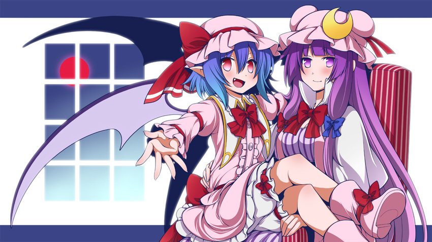 :d bat_wings bloomers blue_hair blush boots breasts chair cleavage crescent eichi_yuu fang hat hat_ribbon large_breasts long_hair looking_at_viewer multiple_girls open_mouth outstretched_hand patchouli_knowledge pointy_ears purple_eyes purple_hair red_eyes remilia_scarlet ribbon short_hair sitting sitting_on_lap sitting_on_person smile touhou underwear wings